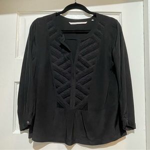 Twelth Street by Cynthia Vincent Silk Lace Bib Peplum Blouse, Black, Sz S